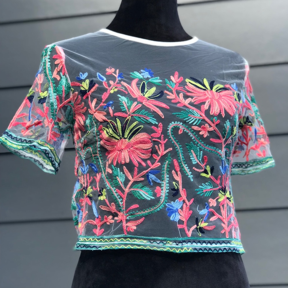 White Sheer Floral Embroidered T-shirt.
